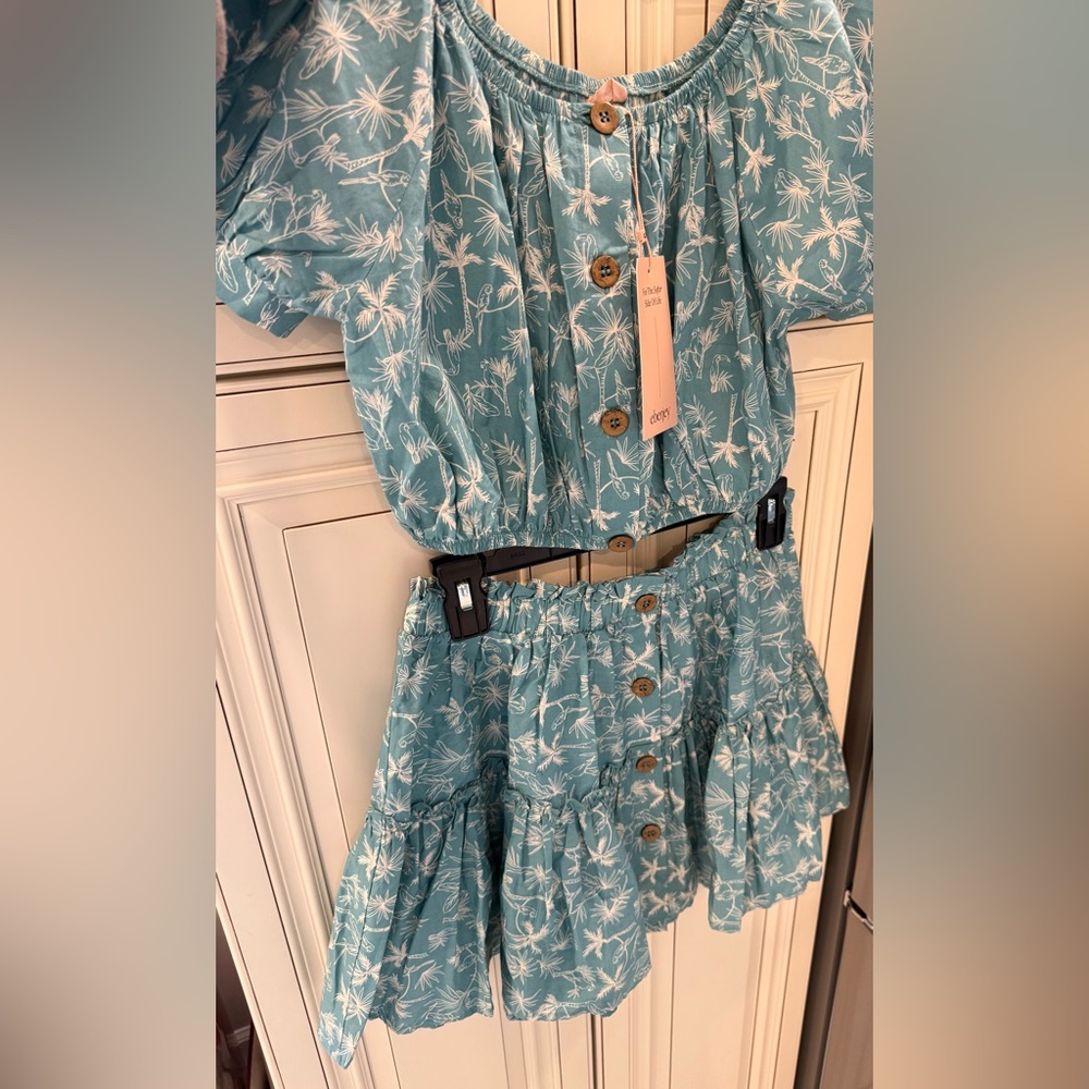 Eberjey Teal Floral Puff Sleeve Blouse with skirt set